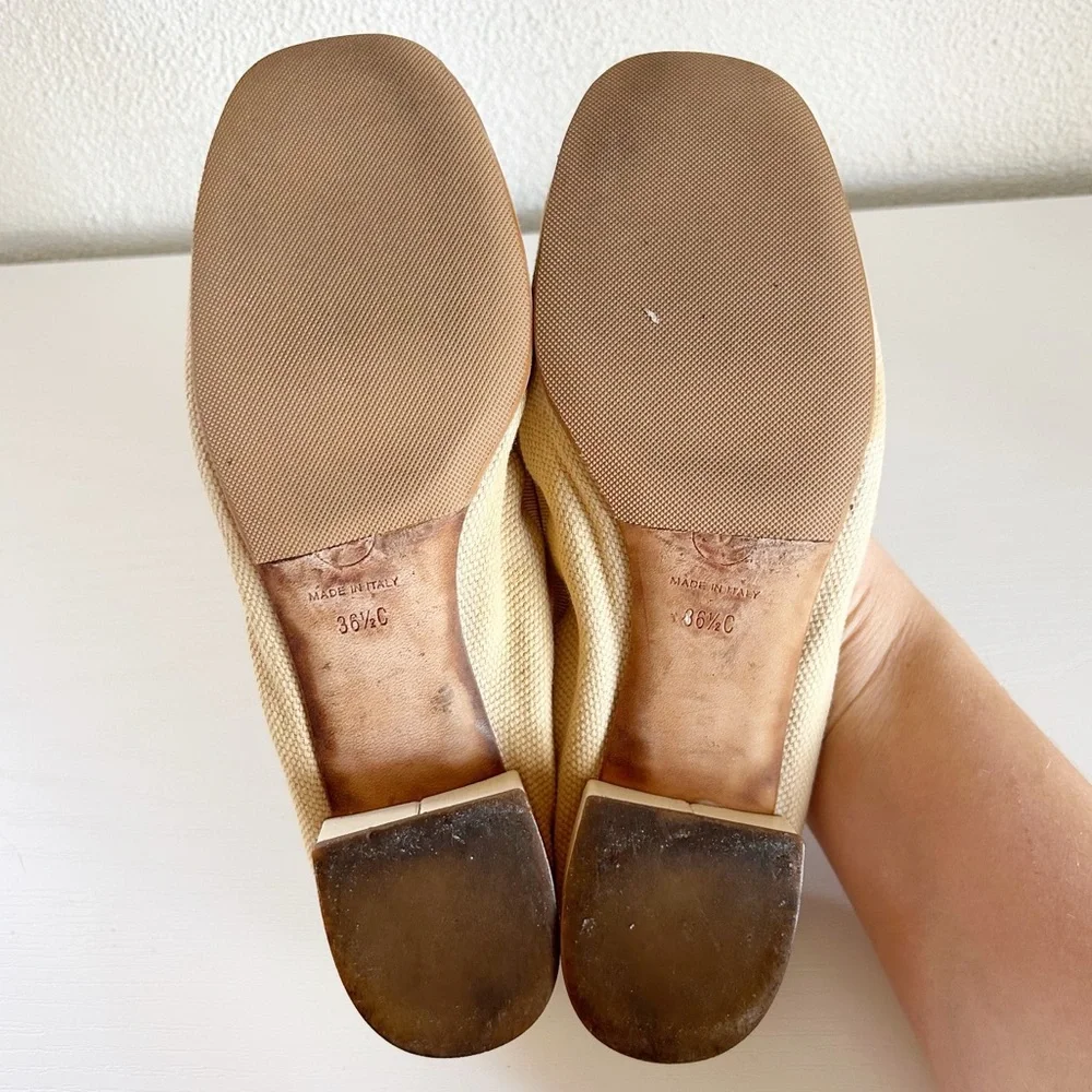 Chanel Low Block Heel Pumps Beige Fabric CC Cap Toe Bow EU 36.5C US 6.5